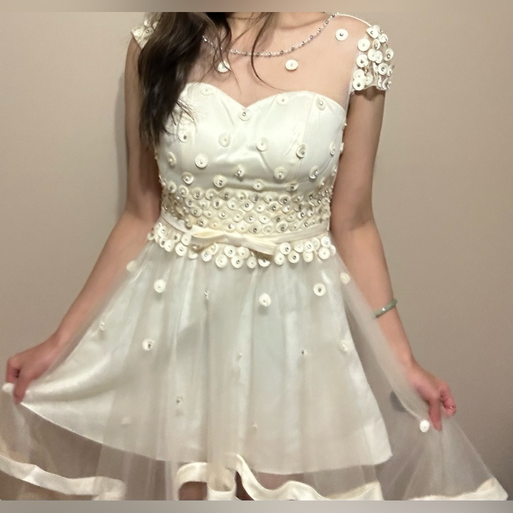 Ruffled Ribbon Short Ivory Gown (Handmade)